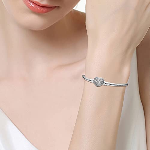 Image of 925 Sterling Silver Snake Chain Bracelets Fit Pandora Charms,Heart Clasp Bracelets Perfect For Any Glamour Gift for Women with 5 A Cubic Zirconia
