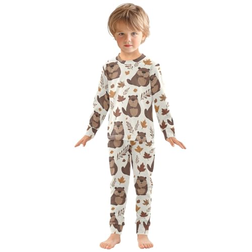 Pajama Sets Long Sleeve Beaver Leaves Autumn Pattern Soft Comfy Sleepwear 2 Piece PJS 3-8T2