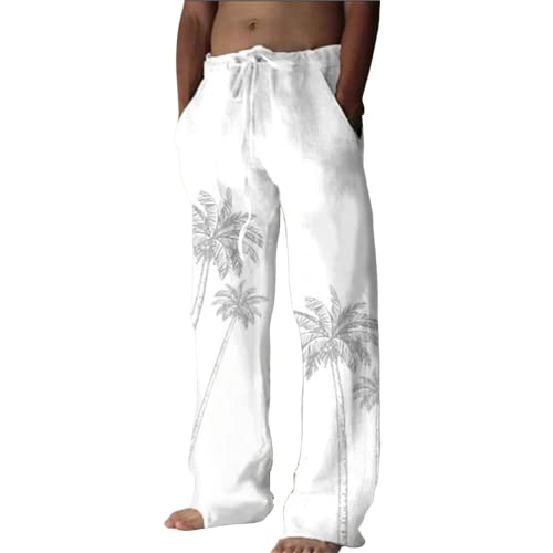 YIBIMOTTO Mens Casual Straight Leg Pant Summer Loose Fit Yoga Pant Women's Daily Beach Graphic Pants Print Elastic Drawstring Cargo Pant with Pockets,White Palm Trees,L