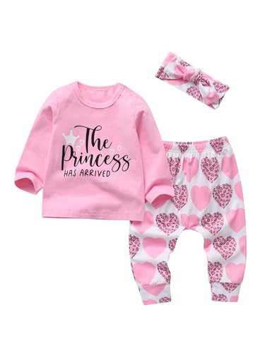 KuKitty 3Pcs Baby Girl Outfits Set The Princess Has Arrived Letter Long Sleeve T-Shirt Tops Printed Pants with Headband (6-9 Months)