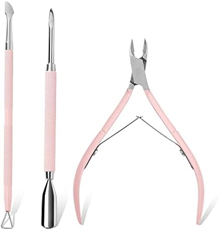 Makartt Cuticle Trimmer with Cuticle Pusher, 3 PCS Pink Nail Cuticle Nipper Professional Pedicure Manicure Tools with Stainless Steel Dual End Pusher, Nail Scraper