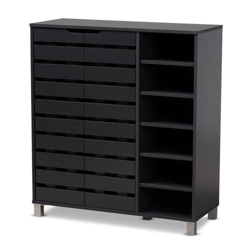 BOWERY HILL Modern and Contemporary Dark Grey Finished 2-Door Wood Shoe Storage Cabinet with Open Shelves