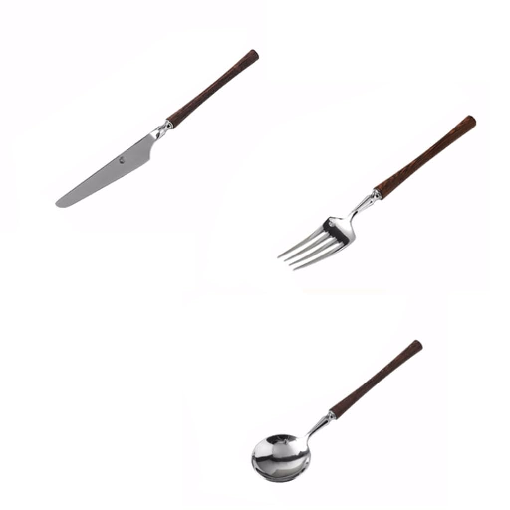 Exquisito Juego de Cubiertos de Acero Inoxidable con Mango de Madera, Utensilios de Cocina Retro, Cuchillo, Tenedor y Cuchara, Juego de Cubiertos Reutilizables para el hogar Práctico