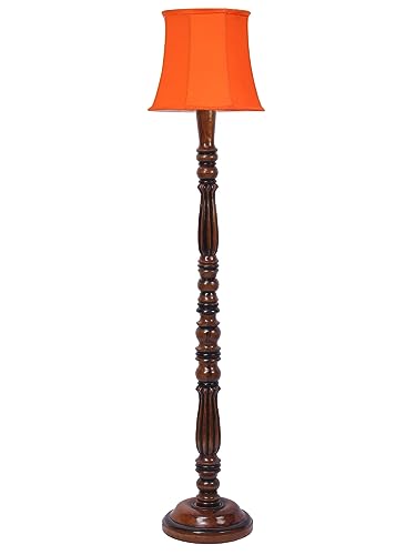 Image of Cylindrical Drum Floor Lamp with Wooden Base - Height 57 Inches, Orange | Modern Standing Lamp for Home, Living Room, Bedroom & Office | Elegant Lighting Decor | Cotton