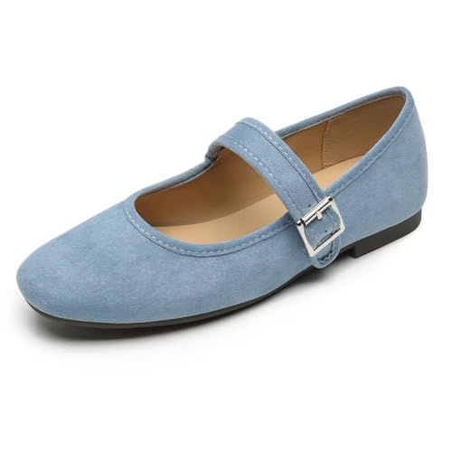 LUXINYU Women Mary Jane Flats Round Toe Suede Shoes Buckle Straps Low Heel Shoes for Ballet Casual Party Daily Dress