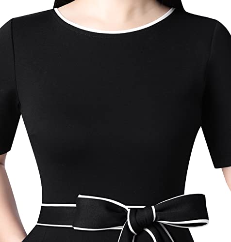 VFSHOW Womens Elegant Patchwork Pockets Pleated Work Office Business Casual Party Belted A-Line Midi Dress3