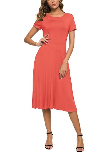 Image of EXCHIC Women's Casual Round Neck Short Sleeve Midi Dress Solid Stretchy Waist Knee Long Dress