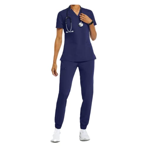 Women Health Worker Scrub sets jogger Uniform Short Sleeve V-neck Tops and jogger Pants uniform for health worker (Small, Navy Blue)