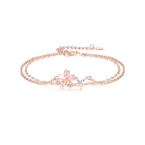 immobird 桜 ブレスレット レディース ピンクゴールド 人気「桜舞い蝶」シルバー925 金属アレルギー対応 3花びら パール 蝶 デザイン 女性 冬 アクセサリー ブレスレット クリスマスプレゼント 女性 Christmas