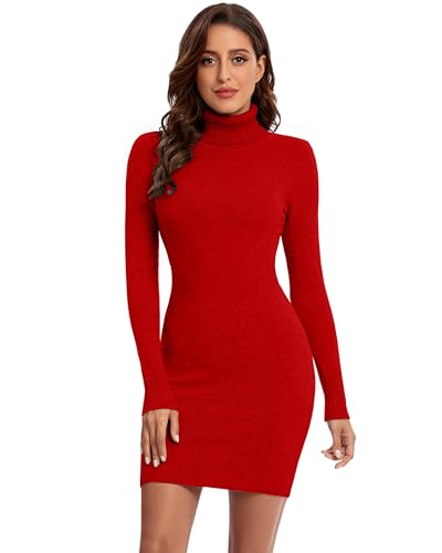 Avancel Damen Strickkleid Winter Kleid Langarm Pulloverkleider Knielang Elegant Rolllkragen Kleidr Herbst 2025 Rot S