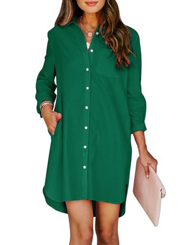 Image of Aoudery Womens Button Down Shirt Dresses with Pockets Cotton Button Up Tunics Long Sleeve Solid High Low Blouse Tops