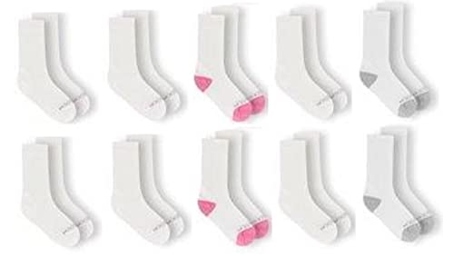 Fruit of the Loom Girls' 10-Pair Everyday Soft Crew Socks (Large, White w/Pink Heels and Toes)…