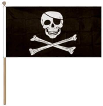 FlagSuperstore© Skull and Crossbones Large Hand Waving Flag With Wooden Pole 18" x 12" - Pirate Skull