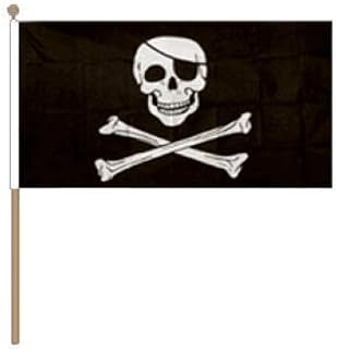 FlagSuperstore© Skull and Crossbones Large Hand Waving Flag With Wooden Pole 18" x 12" - Pirate Skull