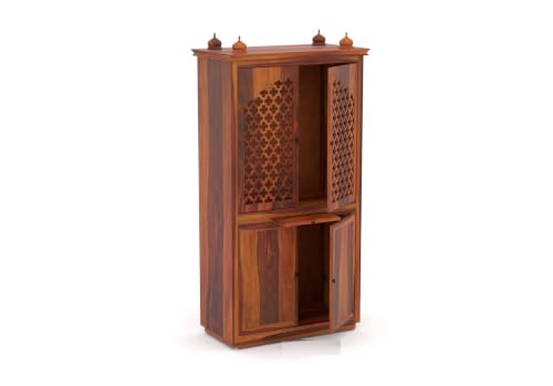 Image of Solid Sheesham Wood Temple for Home & Office /Mandir /God Stand /Pooja Stand /Home Mandap /Mandapam with Cabinet Doors & Multiple Storage (Honey-2, Large)