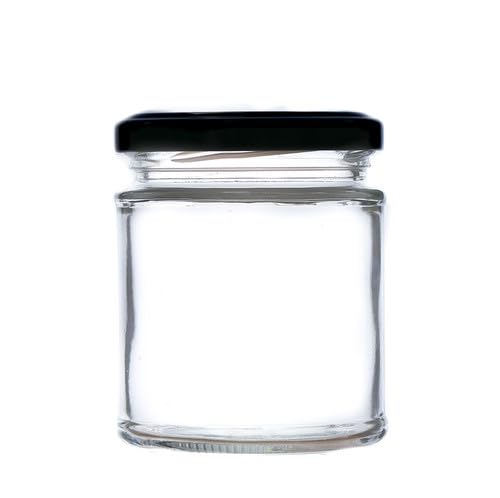 190ml Deluxe Glass Food Jam Jars with Airtight Lids suitable for Marmalade, Honey and Home Preserving (Black Lid, Pack of 100)
