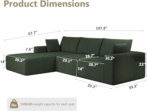 Image of Bean Bag Chairs for Adults Floor Gaming Bean Bag Chair Memory Foam BeanBag Chair Bean Bag Sofa (Green, 108 inch+Left Chaise)