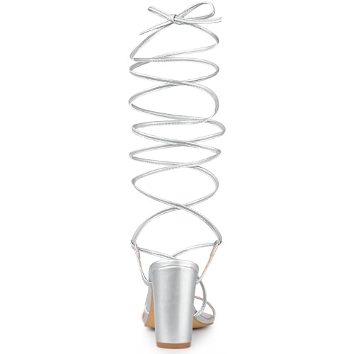 Allegra K Women's Strappy One Strap Lace Up Chunky Heels Silver Sandals 9 M US