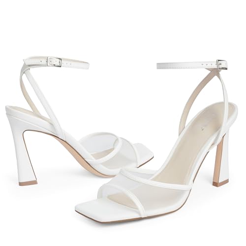 Image of QIY Strappy Heels for Women Heeled Sandals Square Toe Heel Ankle Strap Stiletto Mesh High Heels Dress Shoes