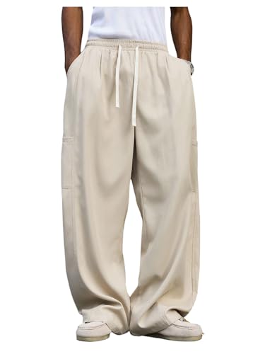 OYOANGLE Men's Drawstring Waist Wide Leg Pants Solid Work Office Casual Trousers with Pockets