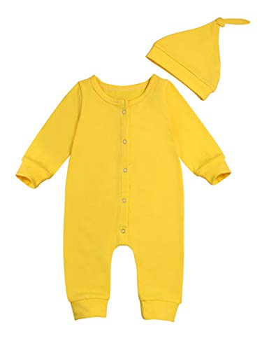 Walsoner Infant Baby Boy Girl Long Sleeve Romper Jumpsuit with Bottons Playsuit Bodysuit and Hat Outfits(0-3 Months)