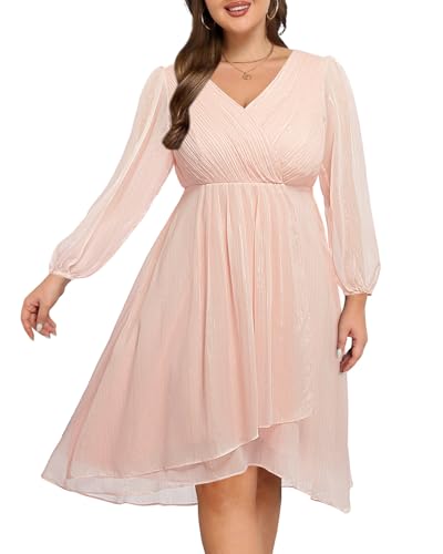 Image of Talisea Plus Size Cocktail Dress - Formal Wedding Guest Fall Long Sleeve A Line Pleated V Neck Midi Dresses for Curvy Women
