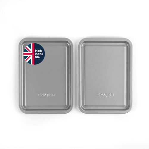 Salter Essentials 2-Piece Baking Tray Set 23cm Non-Stick Oven Trays Dishwasher Safe Made in The UK Ideal for Chips Veg & Small Bakes Lightweight Carbon Steel Easy-Clean Surface Silver