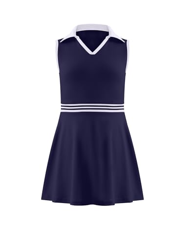 Image of Girls Tennis Dress Golf Outfit Sleeveless Athletic Dresses Polo V Neck Sport Skirt with Pockets 4-13Y