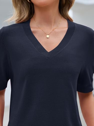 MEROKEETY Women's Short Sleeve Sweater Summer Business Casual Tops V Neck Lightweight Knit Work Shirts4