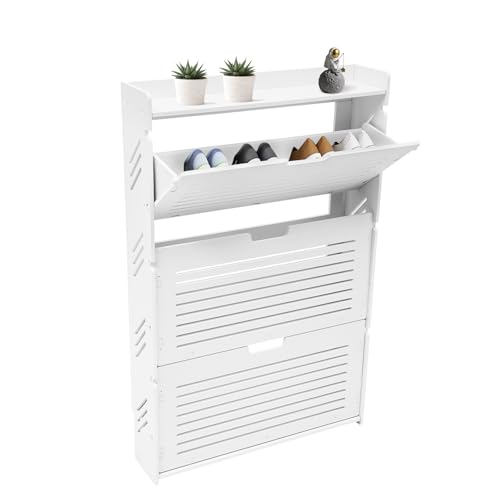 HGRROE Modern White Shoe Storage Cabinet, 3-Tier Ultra-Thin Tipping Shoe Organizer, Entryway Freestanding Shoe Rack with Louvered Doors, Slim Shoe Cabinet for Small Spaces(27.56x6.69x42.91 inch)