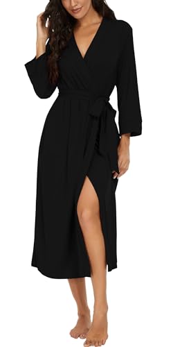 VINTATRE Women Kimono Robes Long Knit Bathrobe Lightweight Soft Knit Sleepwear V-neck Casual Ladies Loungewear Black-Medium