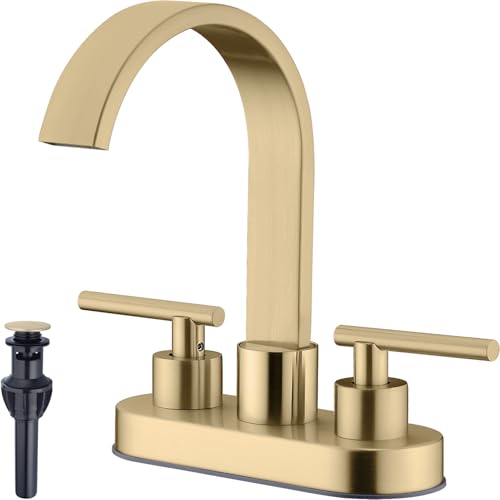 TRUSTMI 4\" Centerset Bathroom Faucet 3 Hole, High Flow Waterfall Spout, Brushed Gold | Commercial Grade Stainless Steel | 360Â° Swivel, with Pop-Up Drain & cUPC Lines