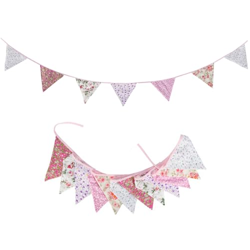Image of Zwiebeco 32Ft Pink Purple Rustic Floral Fabric Pennant Banner Triangle Flags Cotton Retro Flowers Bunting Party Decorations for Birthday Engagement Wedding Spring Vintage Village Home Garden Decor