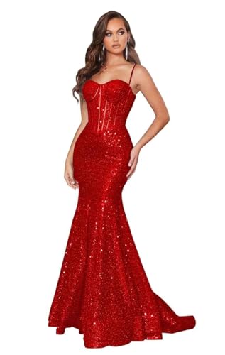 Red Spaghetti Straps Prom Dress 2025 Sparkly Sequin Mermaid Formal Party Gowns for Wedding Guest Size 6