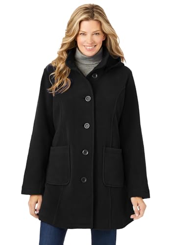 Woman Within Plus Size Hooded A-Line Fleece Coat - 18 W, Black