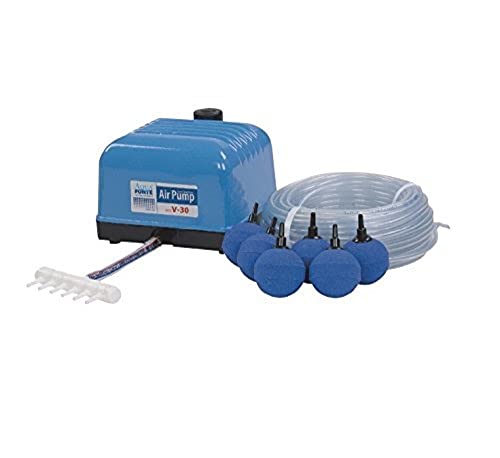 AquaForte Hi-Flow V-30 Luftpumpenset, Komplettset mit Luftverteilern, 25 m Schlauch 4 x 6 mm und 6 Luftsteine 5 cm, Kapazität bei 2 Meter 7 Liter pro Minute, Maximaler Teich 18 m3