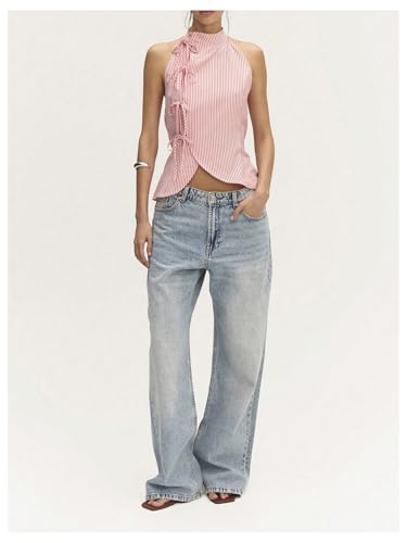 Milumia Women's Striped Tie Front Halter Top Sleeveless Open Back Wrap Asymmetrical Hem Tank Tops3