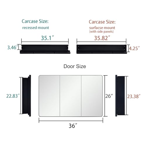 Image of IDYLLOR Bathroom Mirror Medicine Cabinet with Round Corner Framed Door 36 x 26 inch, Black,Recessed or Surface Mount, with Adjustable Glass Shelves