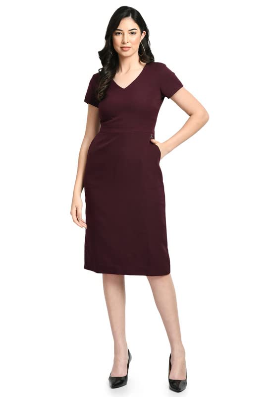 Exude Women Casual Burgundy Belted Midi Sheath Dress (Burgundy)