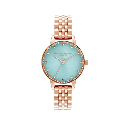 Image of Olivia Burton Classics Qtz Basic Mint Sparkle Sunray & Stone Round Dial Women's Analog Watch|Ionic Plated Rose Gold Steel Material|Gold Color Band - OB16MD104