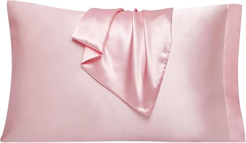 Image of Satin Pillow Covers Set of 2 - Soft & Smooth Pillowcases for Hair & Skin Care | Envelope Closure | Includes 3 Free Random Color Scrunchies | Frizz-Free Sleep Essentials (Pink)