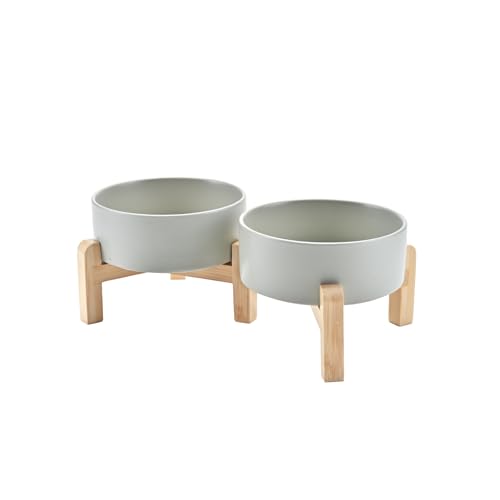 SPUNKYJUNKY Elevated Dog Bowls Ceramic, 5.1” Dogs and Cat Food Water Bowls Raised with Non-Slip Bamboo Stand for Puppy Small Sized Breed Microwave Dishwasher Safe – 13.5 OZ,Grey