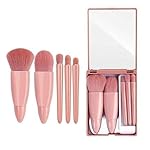 1 pcs 5 in 1 Mini Makeup Brush Kit with Mirror Compact Cosmetic Brush Set Travel Size Face Powder Blush Foundation Eyeshadow Brushes with Storage Case for Home and Travel(Multicolor)