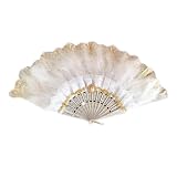 ESTDKMNOS Ventaglio pieghevole vintage con piume, Ventaglio di piume di struzzo for feste di ballo in costume bianco nero(White)