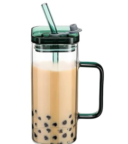 KiKiluxxa Glass Green Tea Coffee Sipper Tumbler Mug with Lid Bear Drinking Pack of 1 - Can Shaped Milk Fruit Juice Wine Water Cups with Clear Straw 400ml Beer Cup