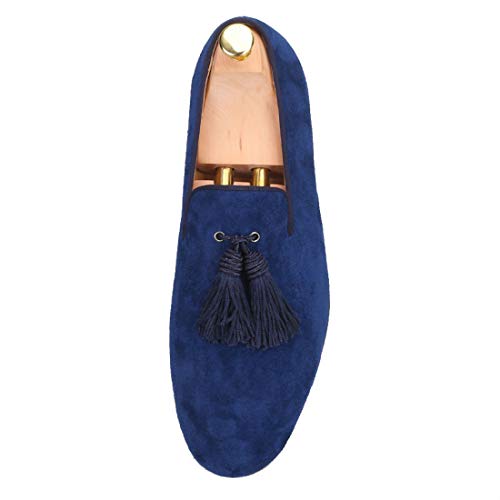 FERUCCI Men Navy Suede Slippers Loafers Flat with Big Navy Tassel3