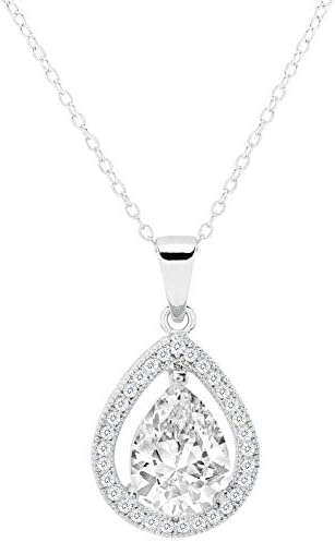 Cate & Chloe Isabel Queen 18k White Gold Plated Halo Teardrop Pendant Necklace - Silver Halo Necklace w/Solitaire Round Cut Cubic Zirconia Diamond Cluster - Wedding Anniversary Jewelry