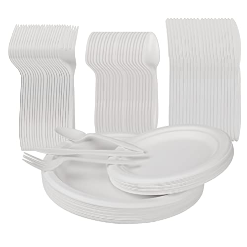 HUALIANG 100er Einweggeschirr Einwegteller Set, Kompostierbar Ökologisch Pappteller, Gabeln Messer und Löffel kombiniert,für Camping Grill BBQ Party 20 Personen Cover