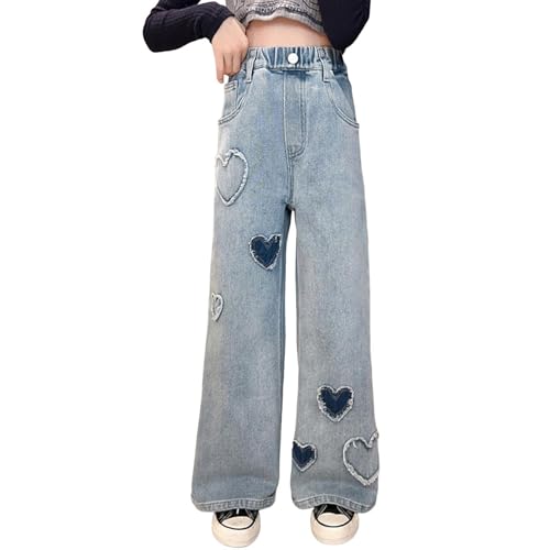 Girls Baggy Jeans Straight Wide Leg Heart Ripped Elastic Waist Denim Pants Teens Cute Y2K Streetwear Fall Trousers