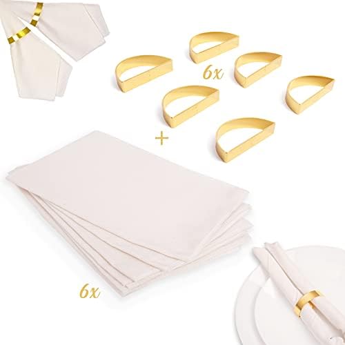 6 Sets of Gold Napkin Rings Stainless Steel + 6 Beige Cloth Napkins, Semicircle Napkin Holders, Table Decoration Accessories for Dinner, Parties, Events, Gifts - Total 12 pcs